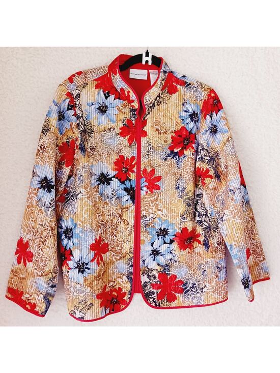 Alfred Dunner Jackets & Blazers - Jacket Women Open Dunner Rust Blue Topstitching Floral Mandarin Collar Size 14